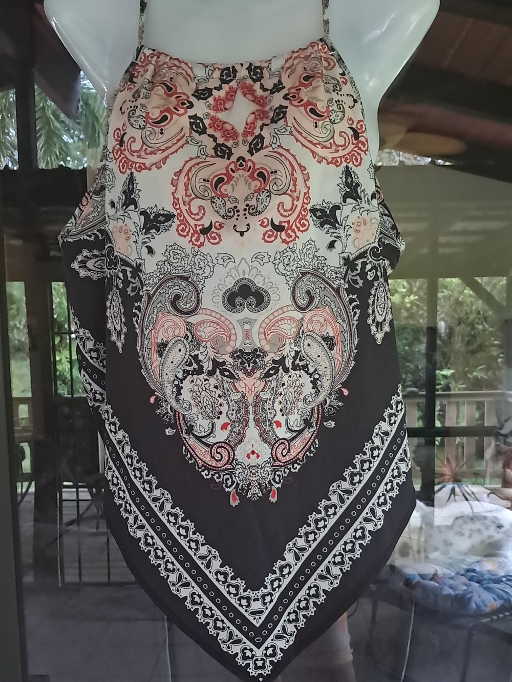 Black and Cream Paisley Handkerchief Hem Sleeveless Top